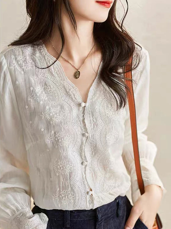 Abigail Vacation V-Neck Solid Color Embroidered Top