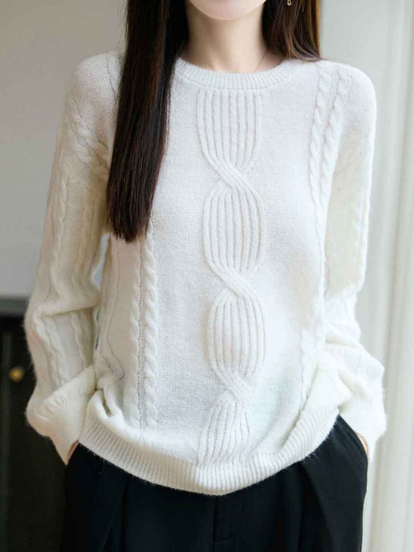 Ariana Casual Crew Neck Cable Knitted Pullover Sweater-White