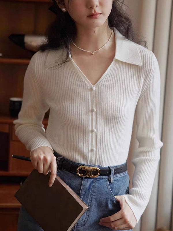 Zoey Retro V-Neck Solid Color Knitted Top