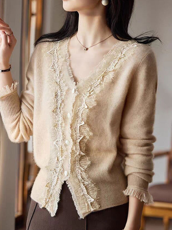 Emma Elegant V-Neck Lace Knitted Cardigan