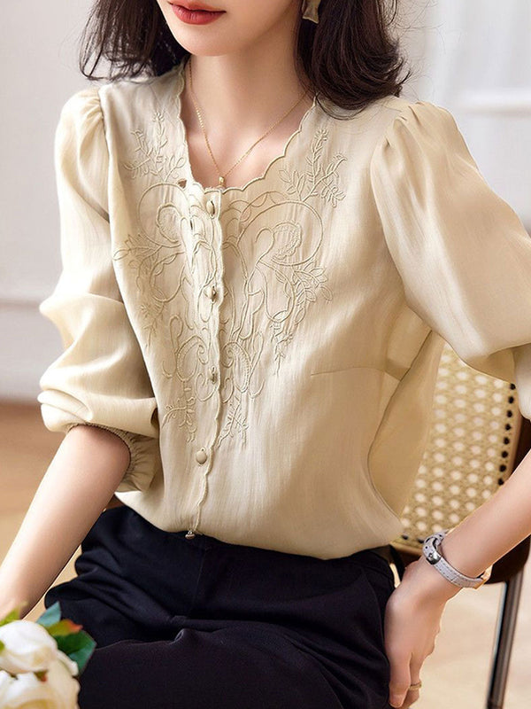 Jocelyn Elegant Embroidered Lantern Sleeve Shirt-Khaki