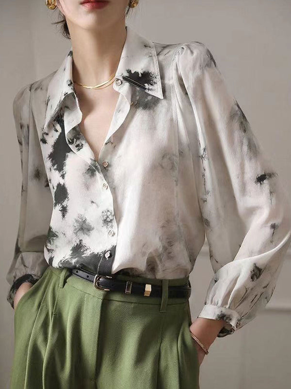 Jessica Retro Polo Collar Puff Sleeve Printed Shirt