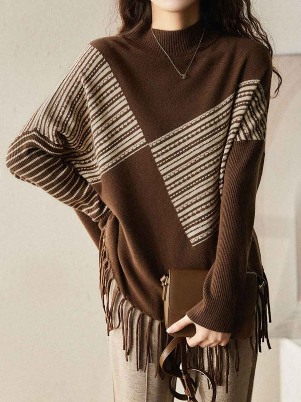 Maya Casual Bat Sleeve Turtleneck Irregular Tassel Pullover