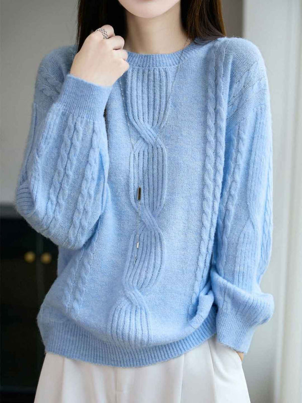 Ariana Casual Crew Neck Cable Knitted Pullover Sweater-Blue