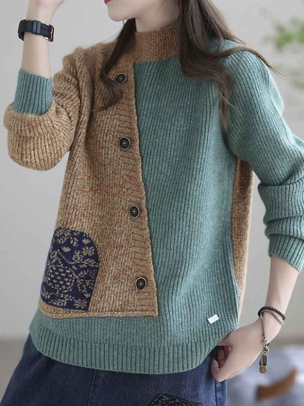 Mya Loose Crew Neck Colorblock Knitted Pullover Top