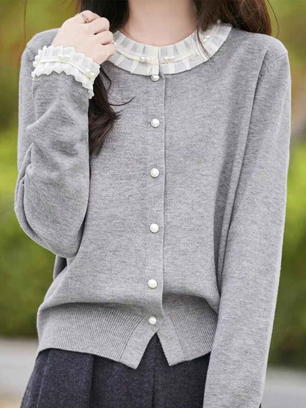 Kylie Loose Crew Neck Floral Sleeve Knitted Cardigan