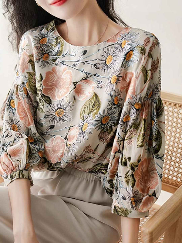 Mia Loose Crew Neck Puff Sleeve Printed Top