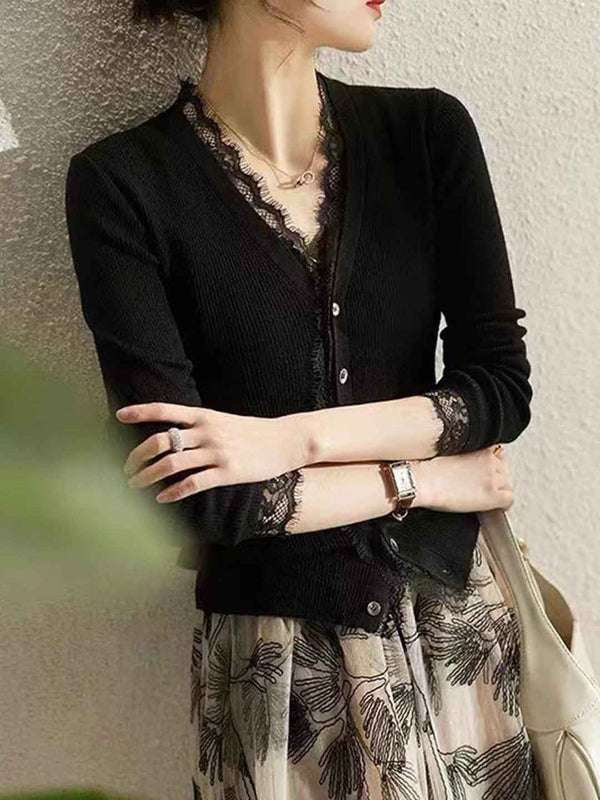 Charlotte Slim V-Neck Lace Knitted Sweater