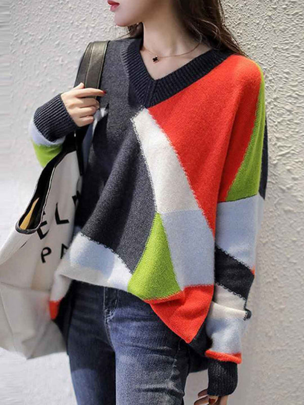 Zoe Loose V-Neck Colorblock Knitted Pullover Sweater