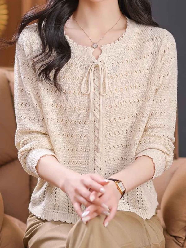 Riley Loose Crew Neck Tie Solid Color Knitted Top