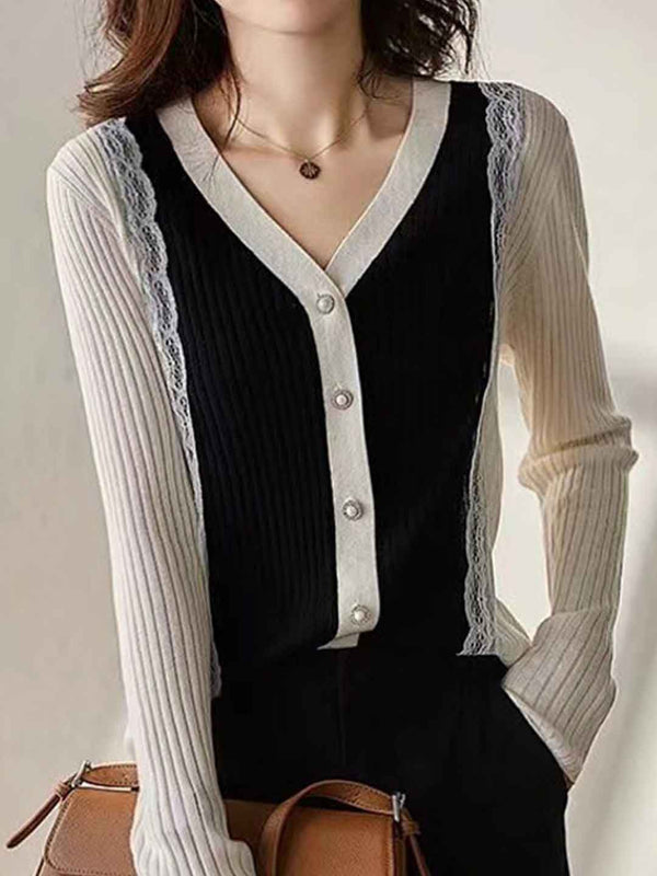 Charlotte Slim V-Neck Lace Knitted Cardigan