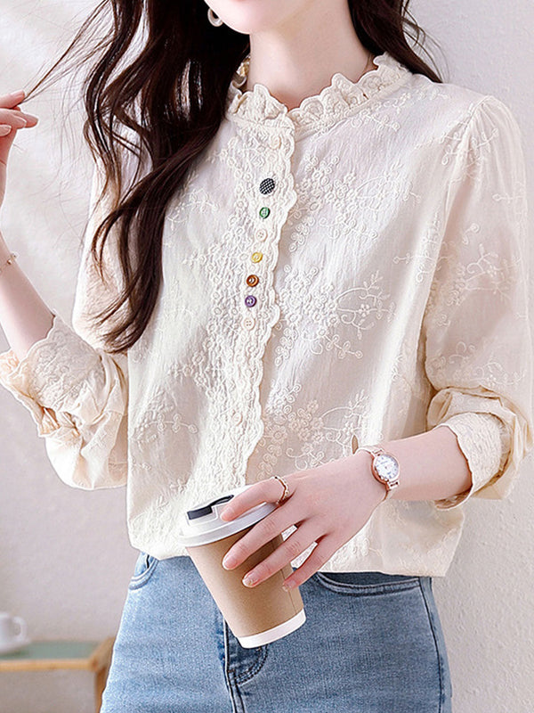 Emily Classic Solid Color Hollowed Embroidered Top