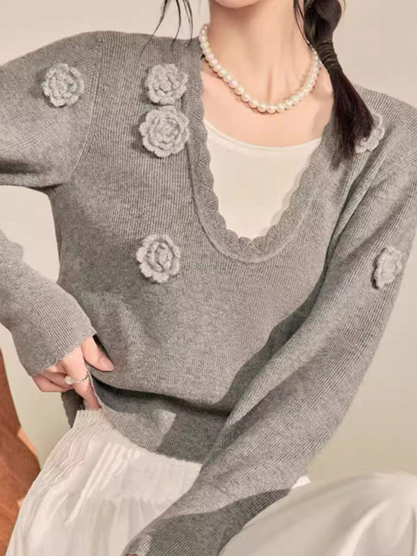 Brianna Elegant V-Neck Flower Knitted Top
