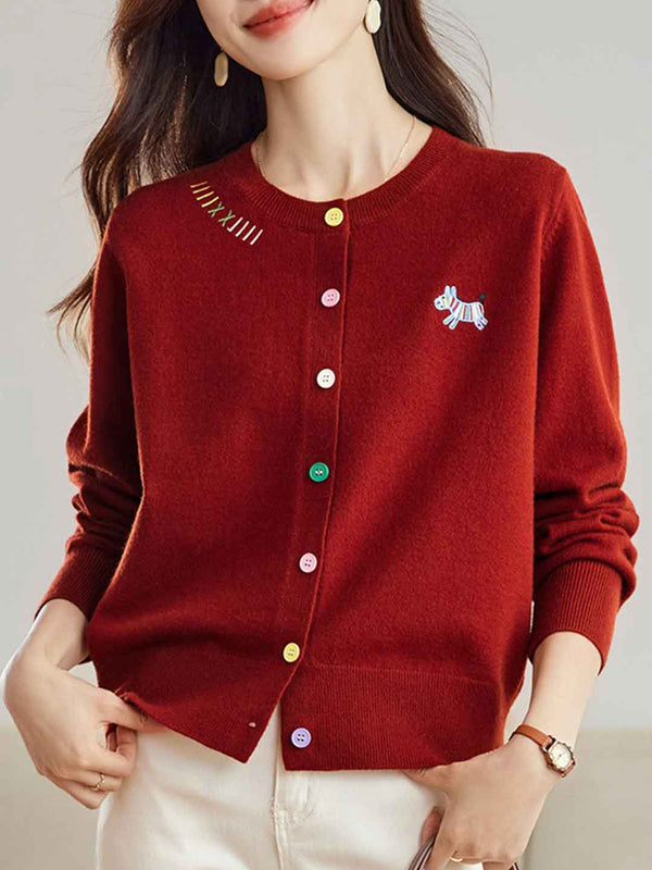 Camila Loose Crew Neck Embroidered Colorful Buttons Knitted Cardigan