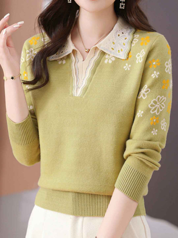 Jocelyn Casual Lapel Embroidered Knitted Top