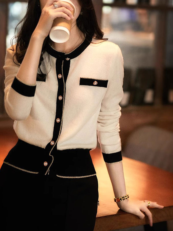 Sophia Classic Crew Neck Contrasted Knitted Cardigan