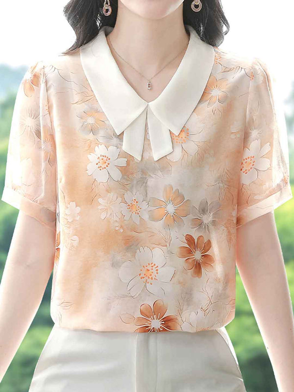 Grace Lapel Printed Floral Chiffon Top