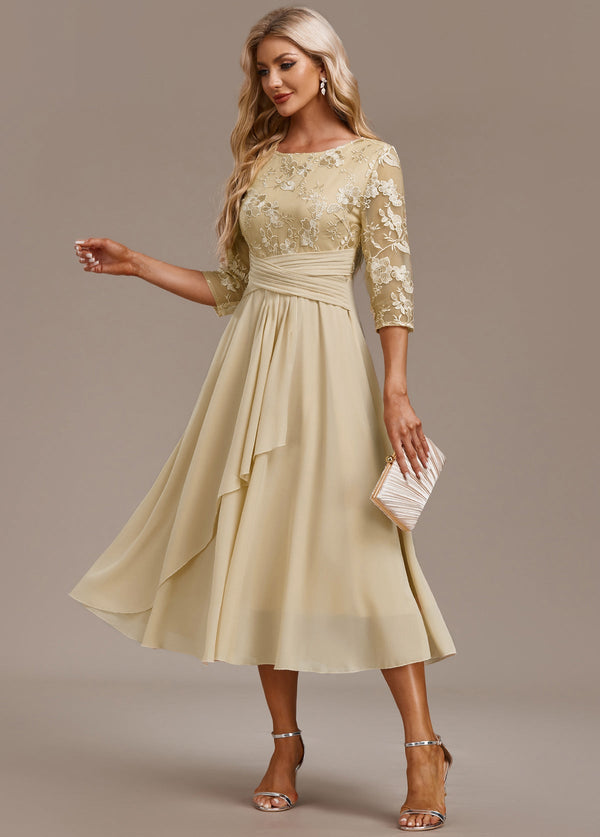 Alisa Champagne Embroidery 3/4 Sleeve Round Neck Dress