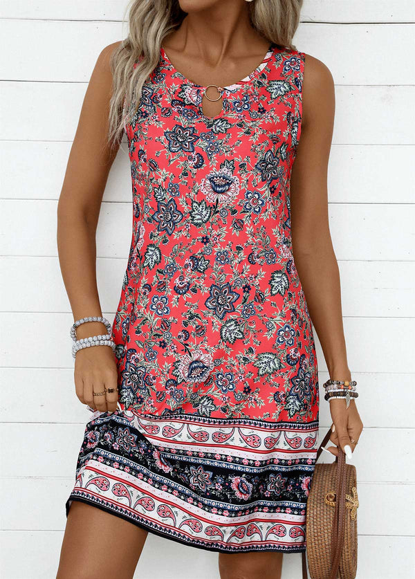 Laiso Coral Circular Ring Tribal Print Sleeveless Round Neck Dress