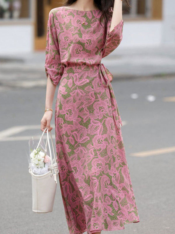 Mya Elegant Crew Neck Printed Tie Dress