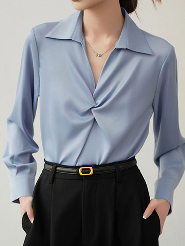 Emily Loose V-Neck Solid Color Satin Shirt
