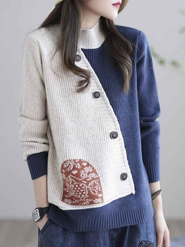 Mya Loose Crew Neck Colorblock Knitted Pullover Top-Blue