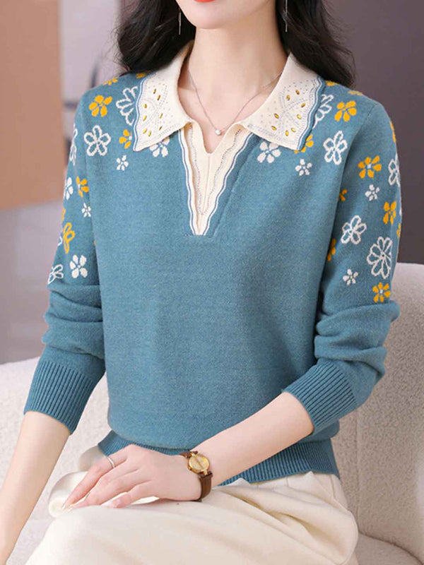 Jocelyn Casual Lapel Embroidered Knitted Top