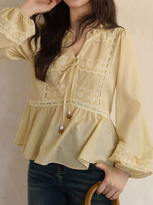 Elizabeth Classic V-neck Latern Sleeve Lace Top