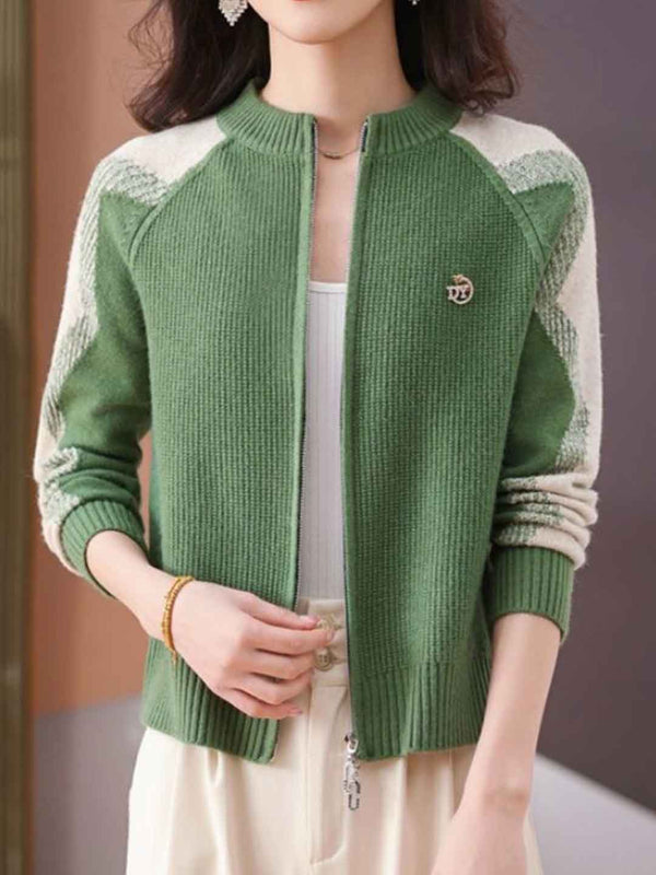 Paige Loose Crew Neck Colorblock Knitted Cardigan-Green