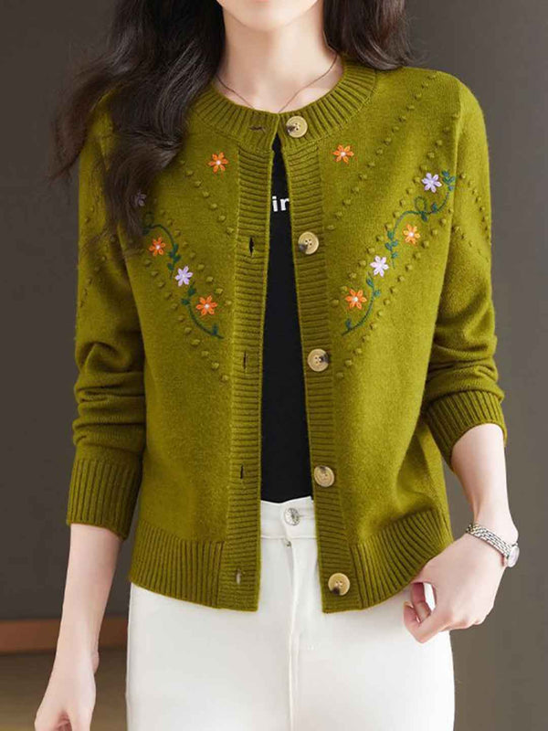 Faith Classic Crew Neck Embroidered Floral Knitted Cardigan