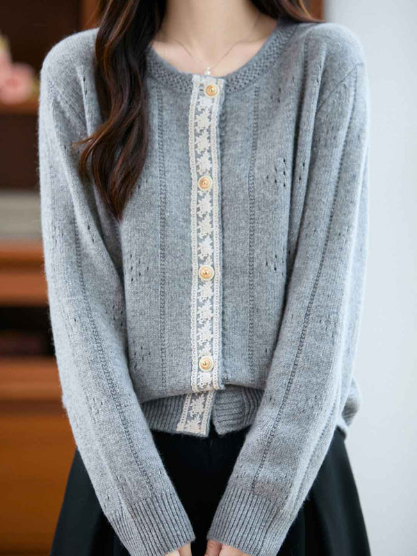 Julia Loose Crew Neck Solid Color Lace Knitted Cardigan