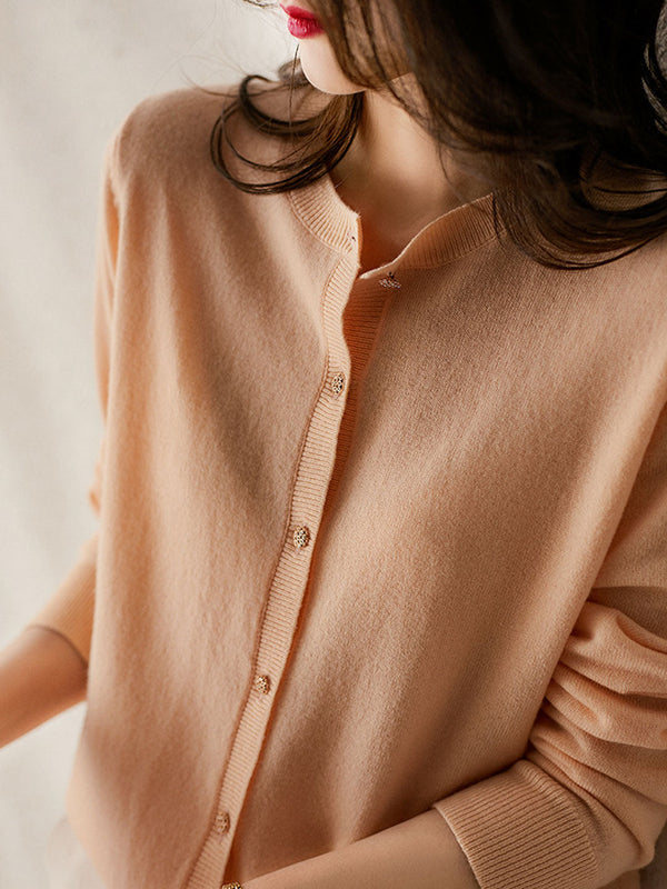 Sophia Classic Crew Neck Solid Color Knitted Cardigan-Light Pink