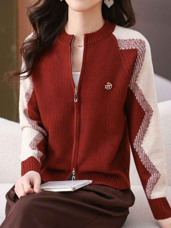 Paige Loose Crew Neck Colorblock Knitted Cardigan-Red