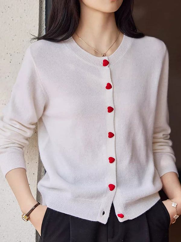 Raya Elegant Crew Neck Heart Button Knitted Cardigan