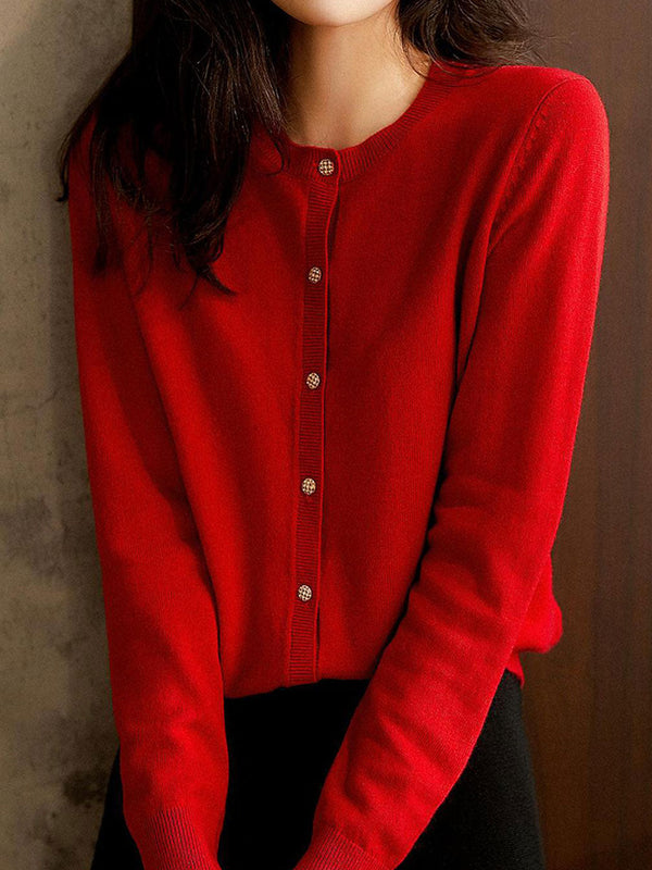 Sophia Classic Crew Neck Solid Color Knitted Cardigan-Red