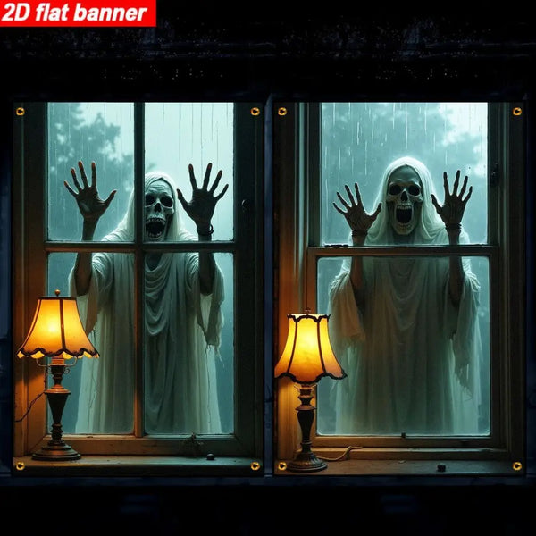 2X FLAT 2D SKULL HORROR HALLOWEEN BANNER (POLYESTER)